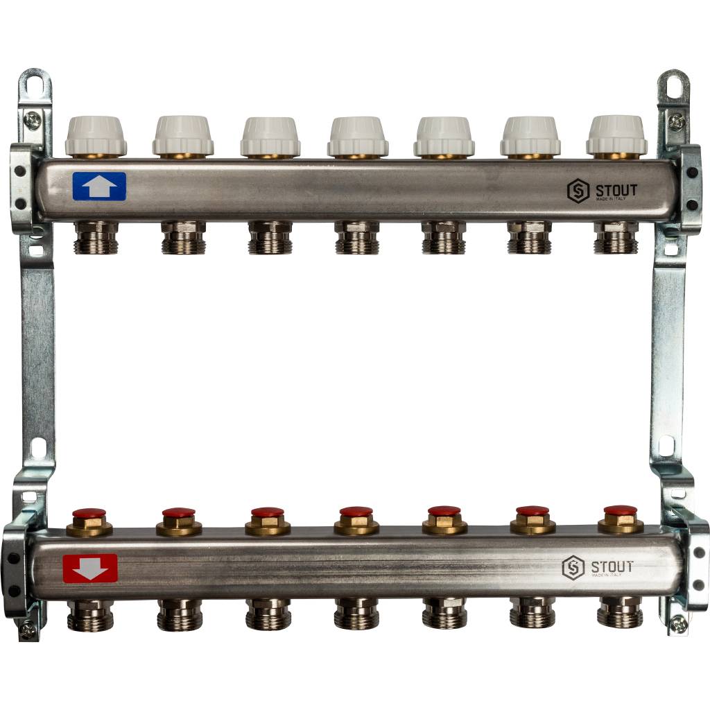 Блок коллекторный с ручными регулировочными клапанами 1'x7 выходов 3/4' НР евроконус