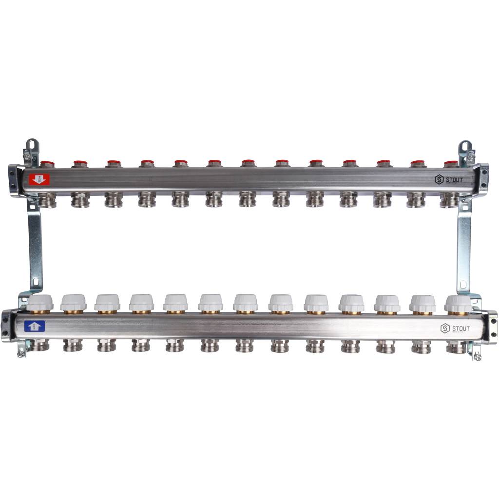 Блок коллекторный с ручными регулировочными клапанами 1'x13 выходов 3/4' НР евроконус