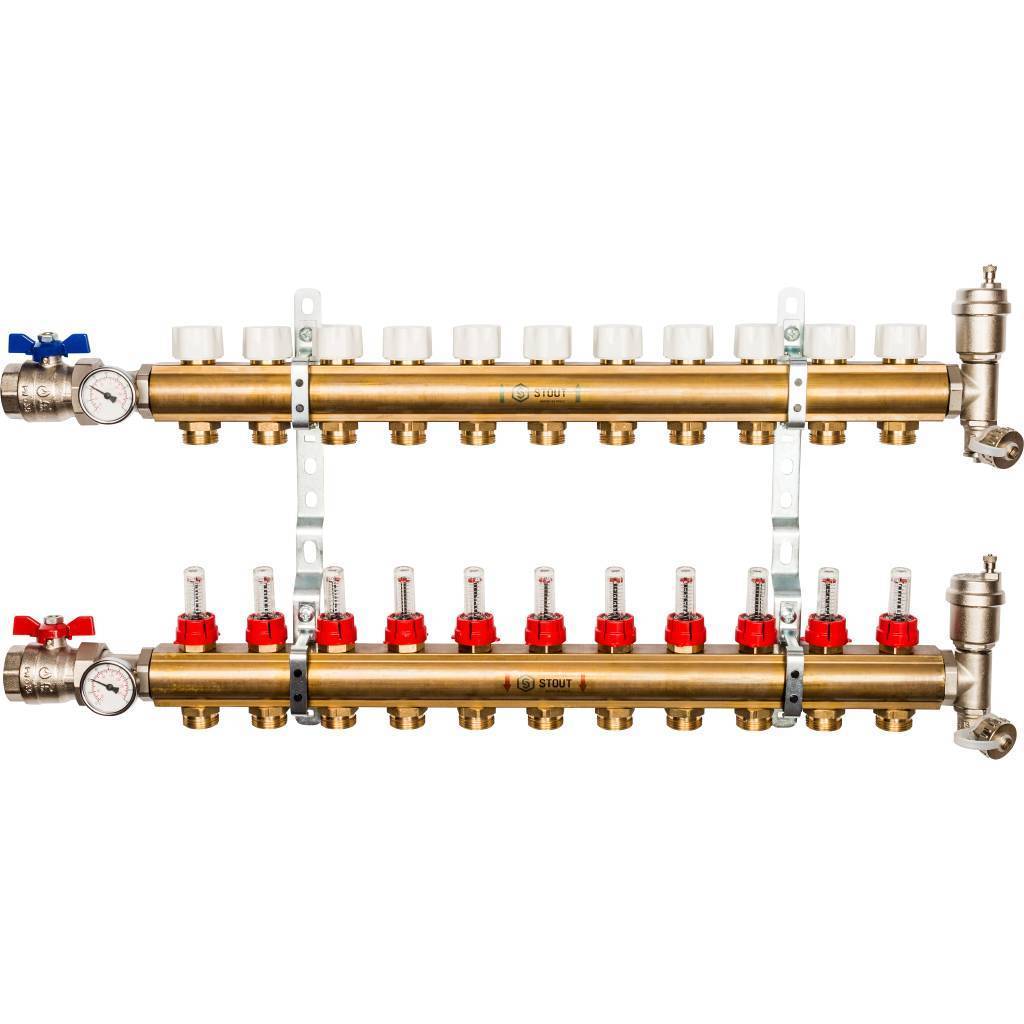Коллекторная группа латунная 1' на 11 выходов со встроенными расходомерами
