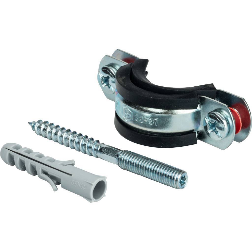 Хомут сантехнический с шпилькой шурупом и пластиковым дюбелем 1' (32-37 мм) оцинкованная сталь с резиновым уплотнением