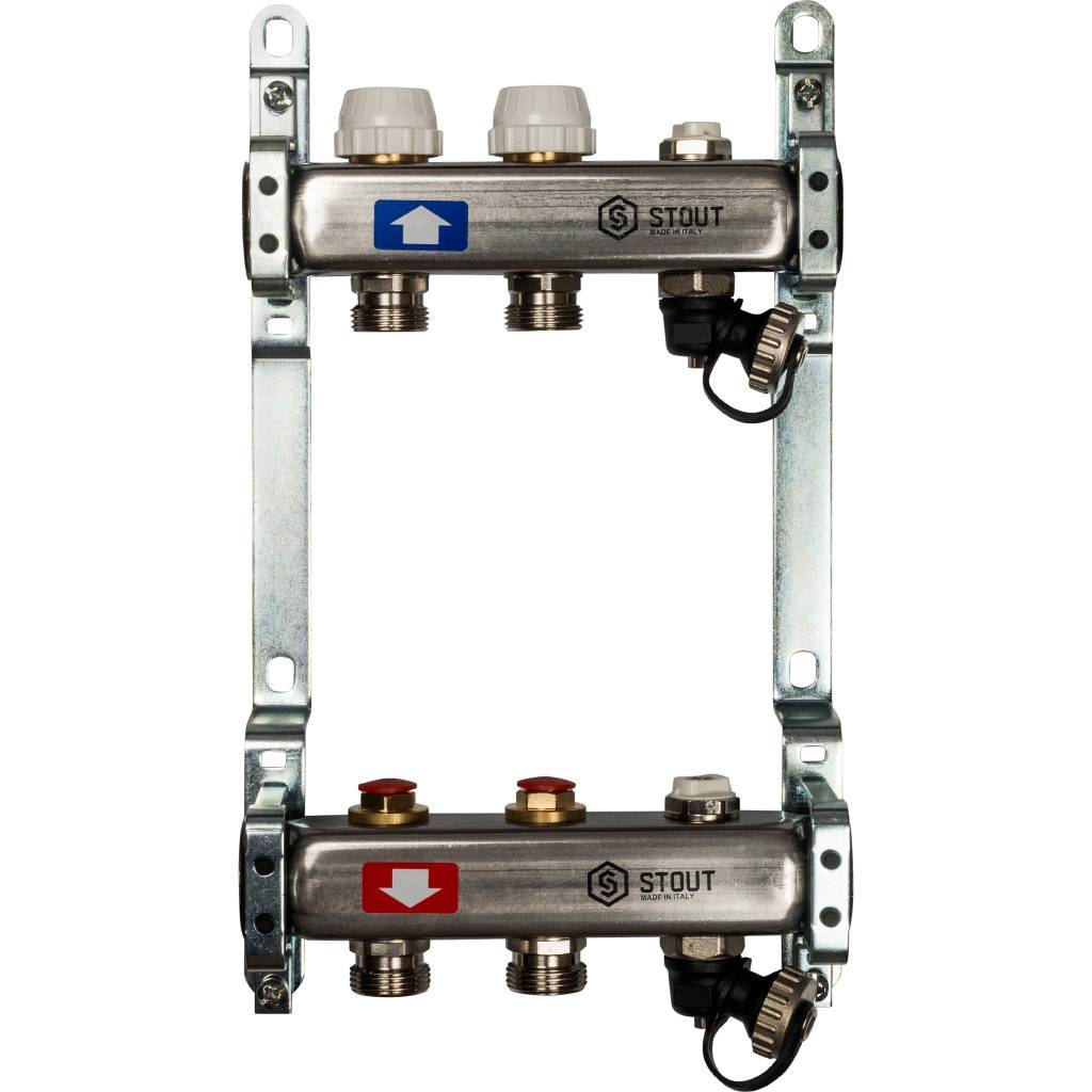 Блок коллекторный с ручными регулировочными клапанами 1'x2 выходов 3/4' НР евроконус с воздухоотводчиком и сливом