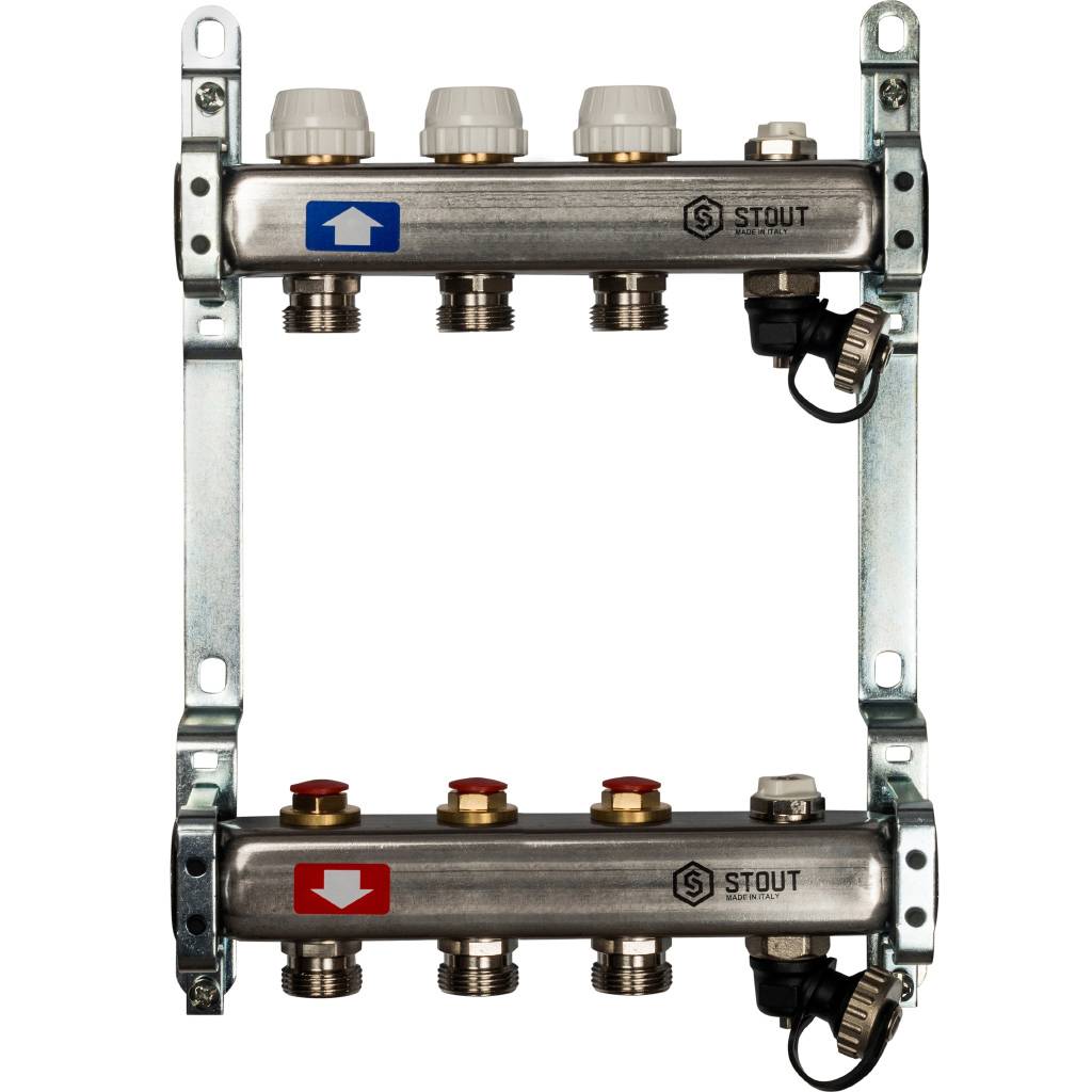 Блок коллекторный с ручными регулировочными клапанами 1'x3 выходов 3/4' НР евроконус с воздухоотводчиком и сливом