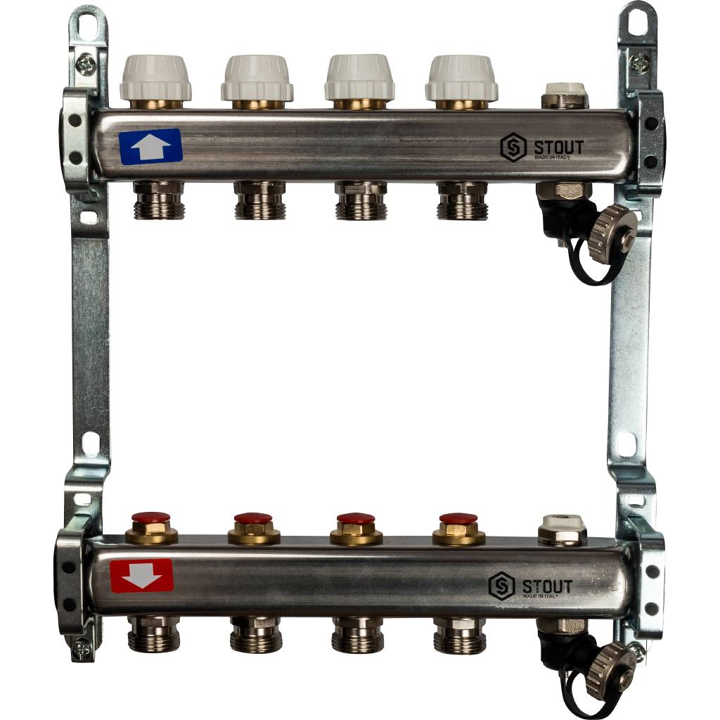 Блок коллекторный с ручными регулировочными клапанами 1'x4 выходов 3/4' НР евроконус с воздухоотводчиком и сливом
