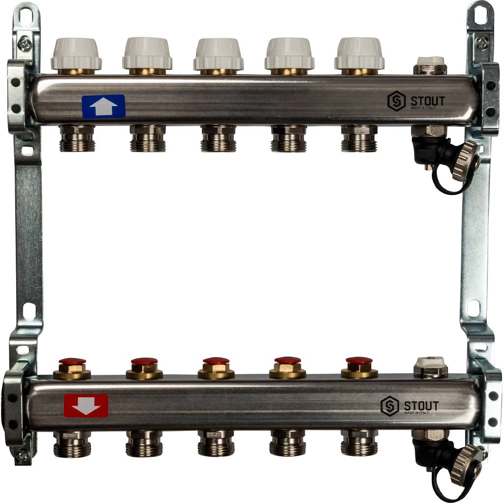Блок коллекторный с ручными регулировочными клапанами 1'x5 выходов 3/4' НР евроконус с воздухоотводчиком и сливом