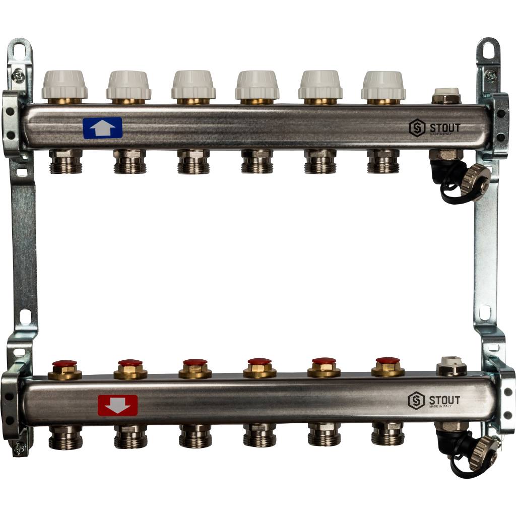 Блок коллекторный с ручными регулировочными клапанами 1'x6 выходов 3/4' НР евроконус с воздухоотводчиком и сливом