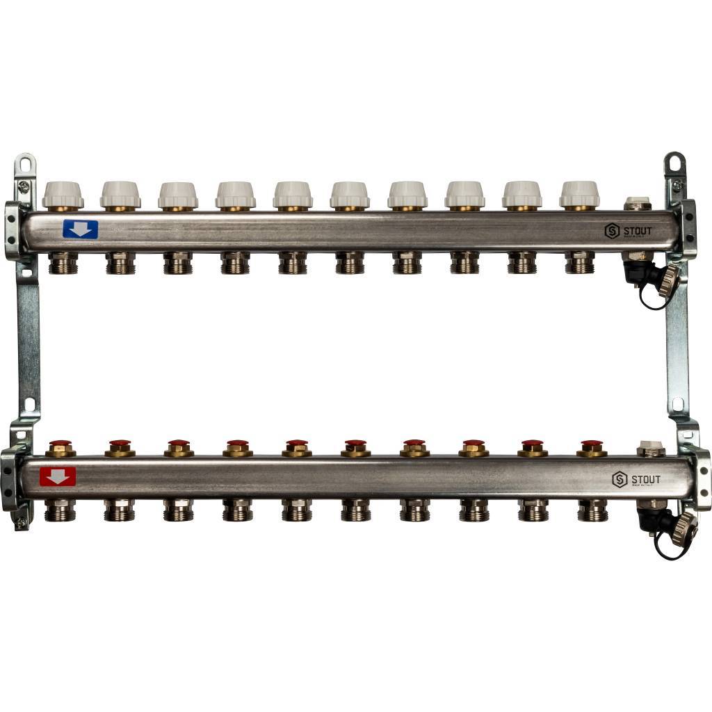 Блок коллекторный с ручными регулировочными клапанами 1'x10 выходов 3/4' НР евроконус с воздухоотводчиком и сливом