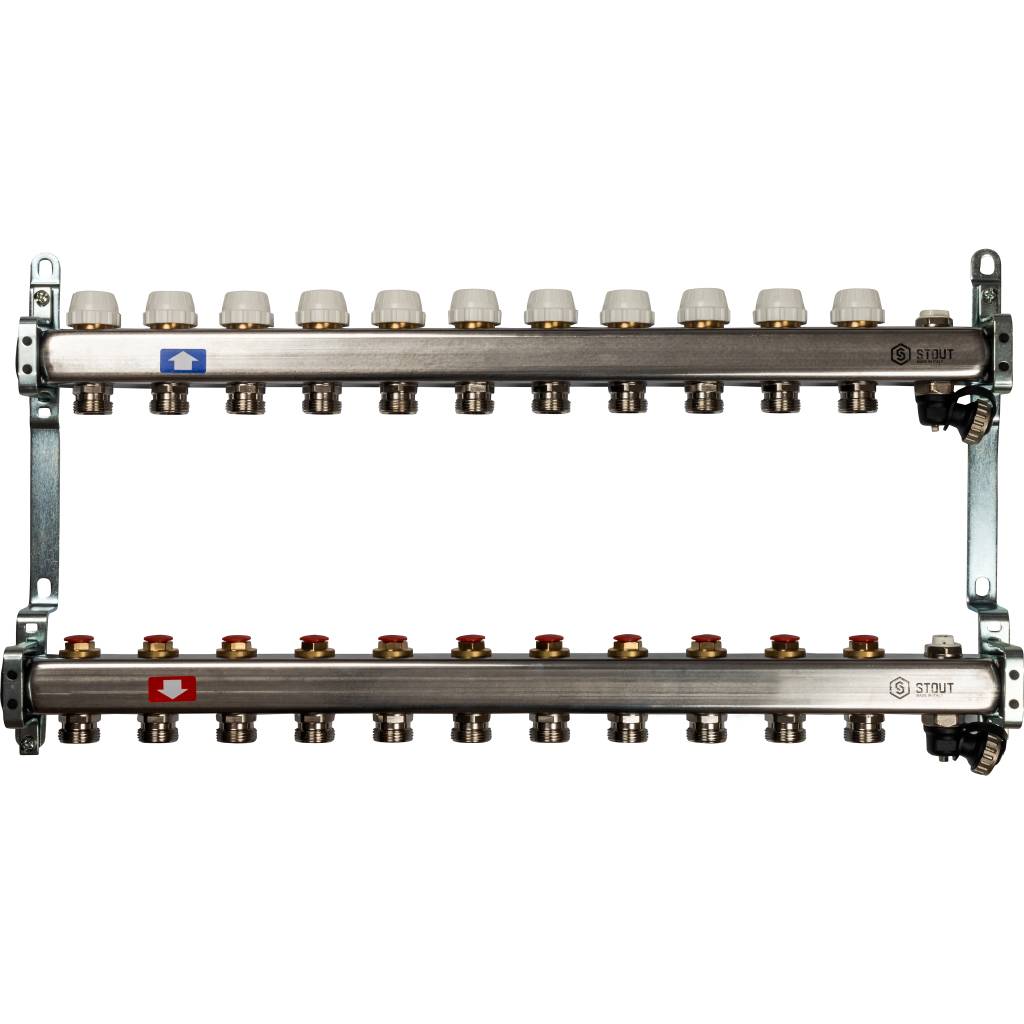 блок коллекторный с ручными регулировочными клапанами 1'x11 выходов 3/4' нр евроконус с воздухоотводчиком и сливом