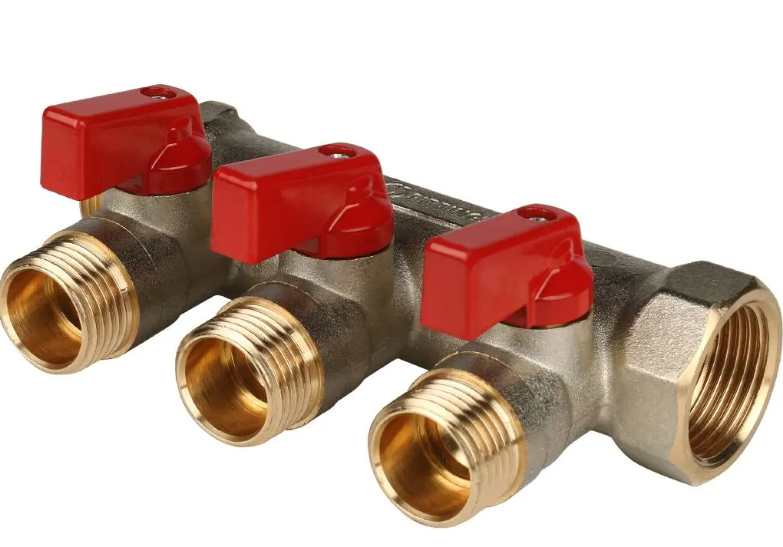Коллектор с шаровыми кранами 3/4', 3 отвода 1/2' (красные ручки)