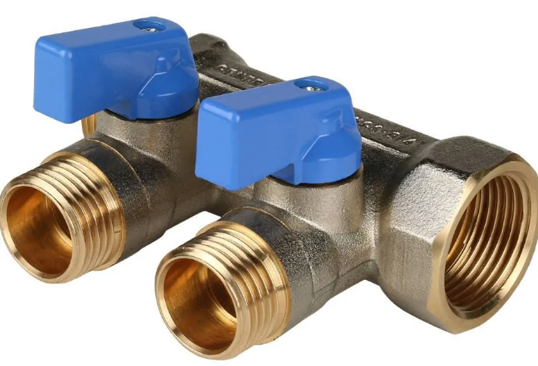 Коллектор с шаровыми кранами 3/4', 2 отвода 1/2' (синие ручки)