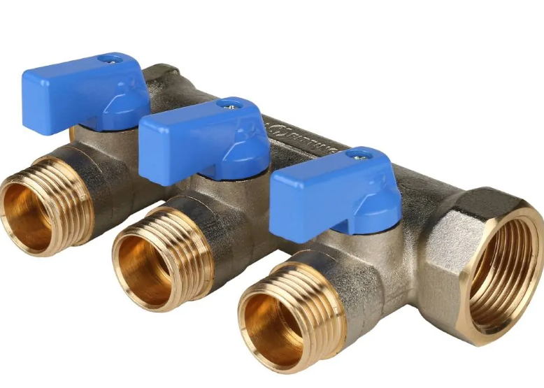 Коллектор с шаровыми кранами 3/4', 3 отвода 1/2' (синие ручки)