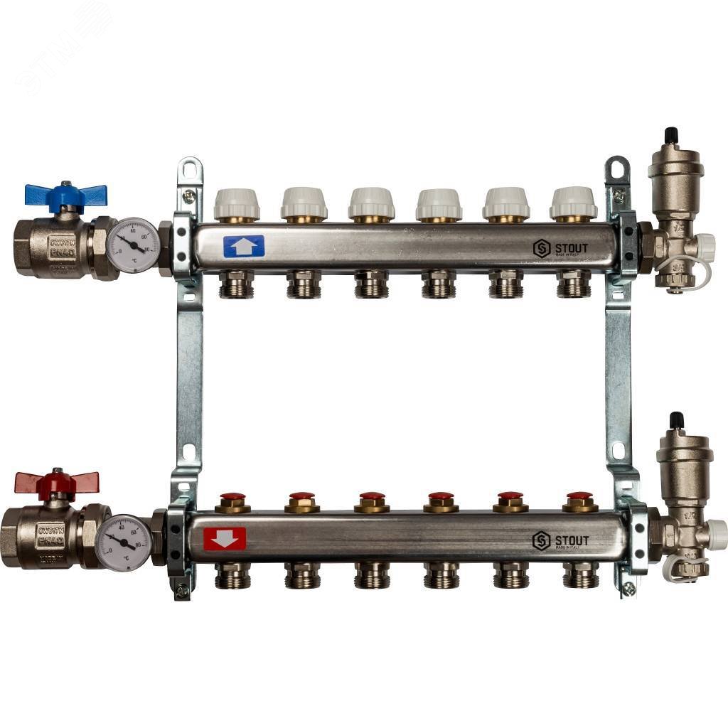 Изображение товара Коллектор из нержавеющей стали с 6 выходами для теплого пола и радиаторов