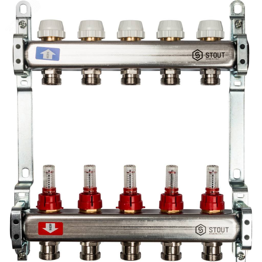 Изображение товара Коллектор из нержавеющей стали с расходомерами 5 вых. для теплого пола и радиаторной разводки