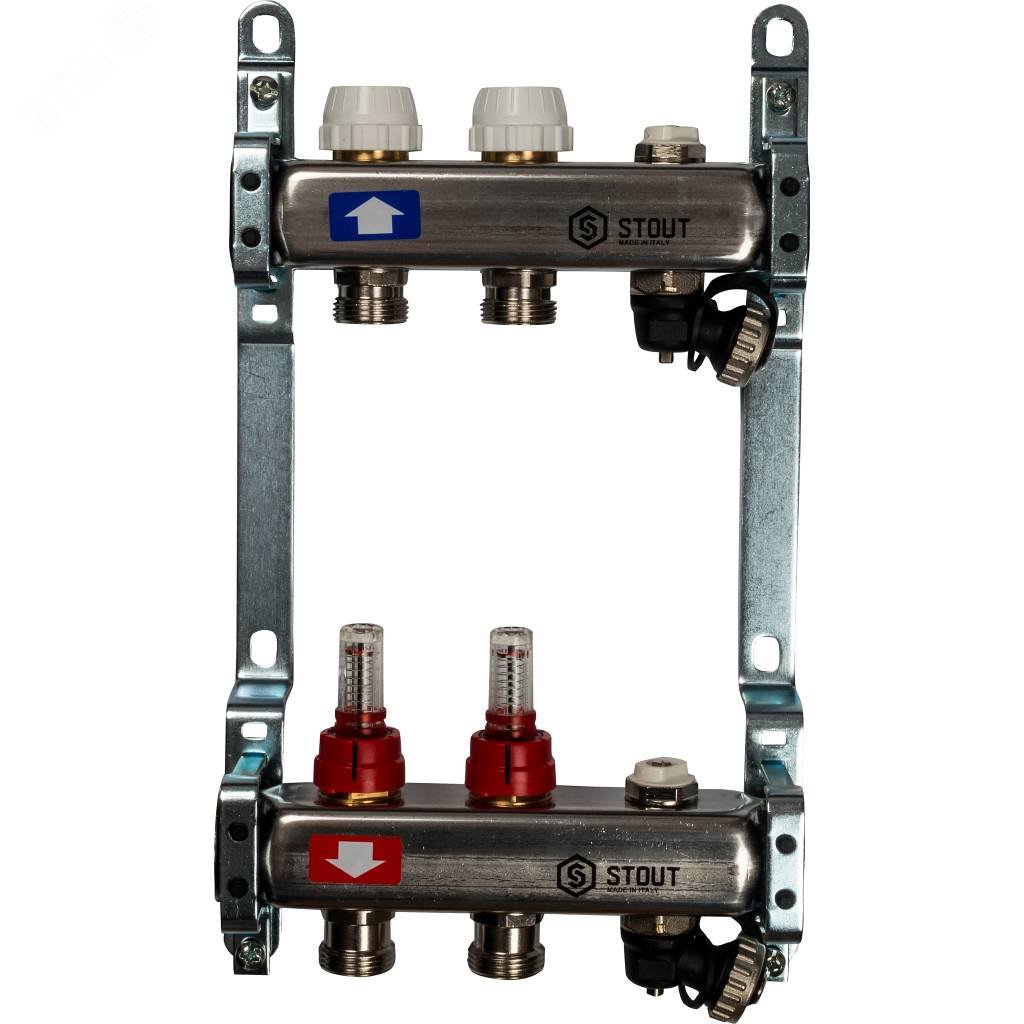 Изображение товара Коллекторная группа из нержавеющей стали 1' на 2 выхода со встроенными расходомерами (шт)