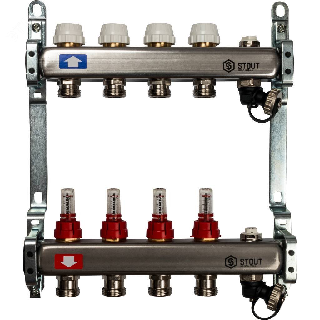 Изображение товара Коллекторная группа из нержавеющей стали 1' на 4 выхода со встроенными расходомерами (шт)