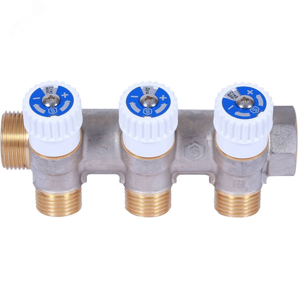 Изображение товара Коллектор распределительный 3/4', 3 отвода 1/2' плоское уплотнение (шт)