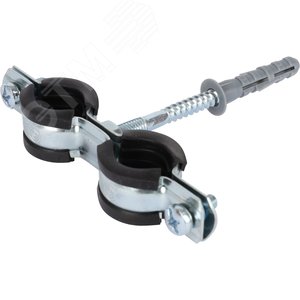 Двойной хомут для труб, комплект хомут+шпилька шуруп +дюбель пластиковый 1/2' (20-24) - фото 1