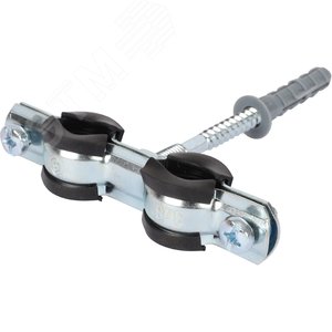 Изображение товара Двойной хомут для труб, комплект хомут+шпилька шуруп +дюбель пластиковый 3/8' (15-19) (шт)