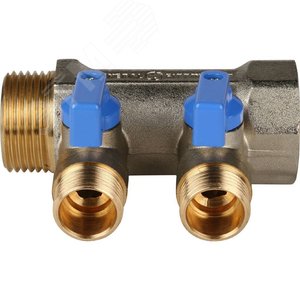 Коллектор с шаровыми кранами 1', 2 отвода 1/2' (синие ручки) - фото 2
