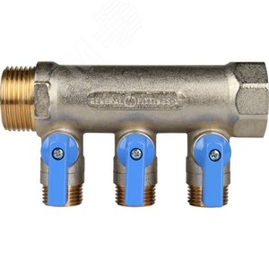 Коллектор с шаровыми кранами 1', 3 отвода 1/2' (синие ручки) - фото 5