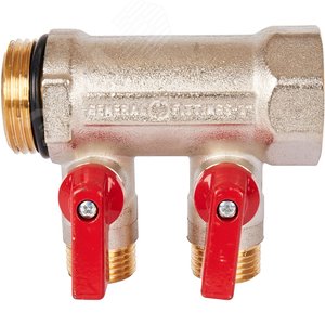 Коллектор с шаровыми кранами 1', 2 отвода 1/2' (красные ручки) - фото 2