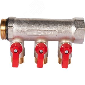 Коллектор с шаровыми кранами 1', 3 отвода 1/2' (красные ручки) - фото 6