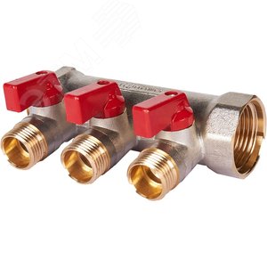 Коллектор с шаровыми кранами 1', 3 отвода 1/2' (красные ручки) - фото 7