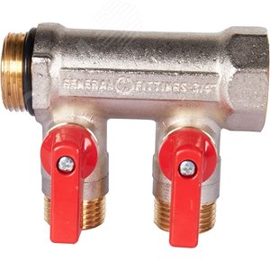 Коллектор с шаровыми кранами 3/4', 2 отвода 1/2' (красные ручки) - фото 2