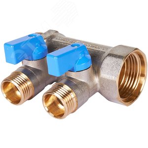 Коллектор с шаровыми кранами 1', 2 отвода 1/2' (синие ручки) - фото 7