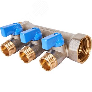 Коллектор с шаровыми кранами 1', 3 отвода 1/2' (синие ручки) - фото 6