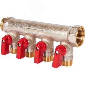 Коллектор с шаровыми кранами 3/4', 4 отвода 1/2' (красные ручки) - фото 5