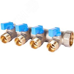 Коллектор с шаровыми кранами 3/4', 4 отвода 1/2' (синие ручки) - фото 7