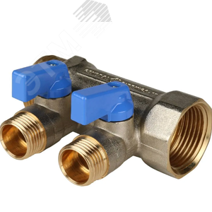 Коллектор с шаровыми кранами 1', 2 отвода 1/2' (синие ручки) - фото 1