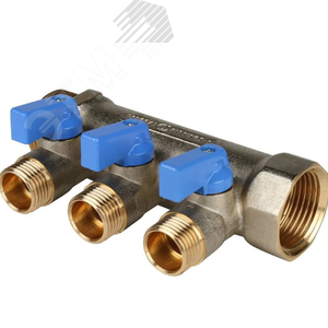 Коллектор с шаровыми кранами 1', 3 отвода 1/2' (синие ручки) - фото 1