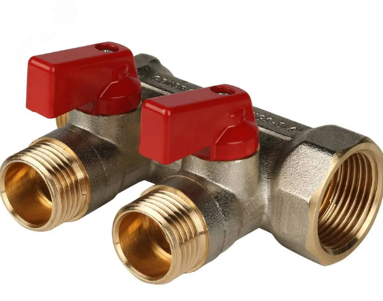 Изображение товара Коллектор с шаровыми кранами 1', 2 отвода 1/2' дизайн с красными ручками