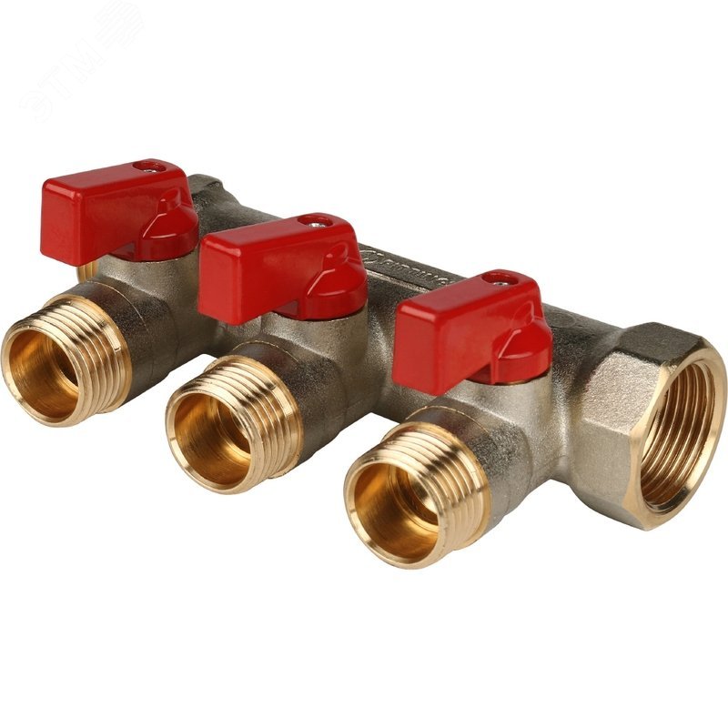 Изображение товара Коллектор с шаровыми кранами 1', 3 отвода 1/2' для водяных систем