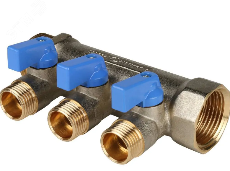 Изображение товара Коллектор с шаровыми кранами 1' 3 отвода 1/2' синие ручки STOUT