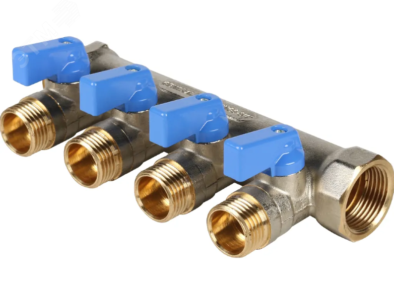 Изображение товара Коллектор с шаровыми кранами 3/4', 4 отвода 1/2' (синие ручки) от STOUT