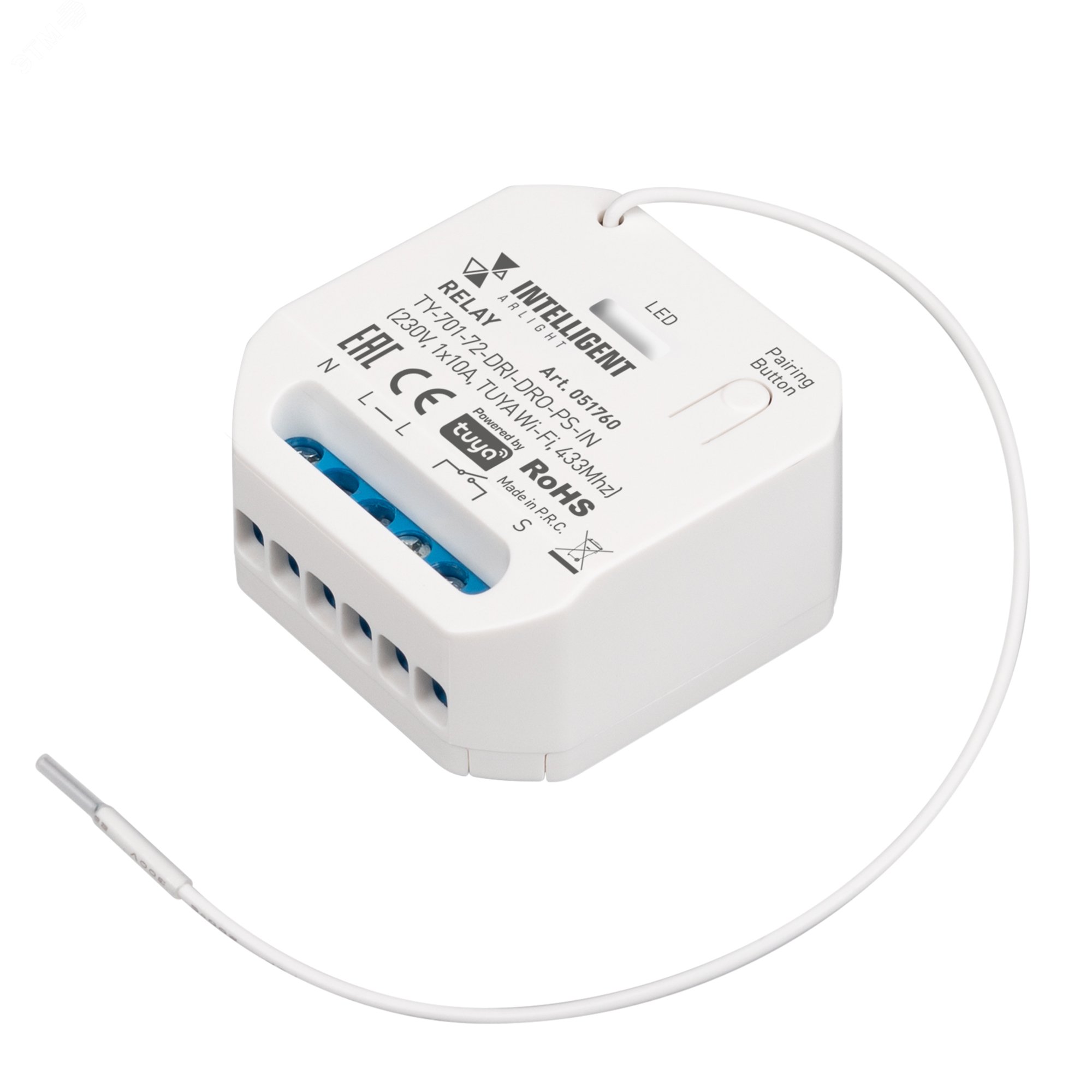 Изображение товара Модуль релейный INTELLIGENT ARLIGHT TY-701-72-DRI-DRO-PS-IN (230V, 1x10A, TUYA Wi-Fi, 433Mhz) (IARL, IP20 пластик, 3 года) (шт)