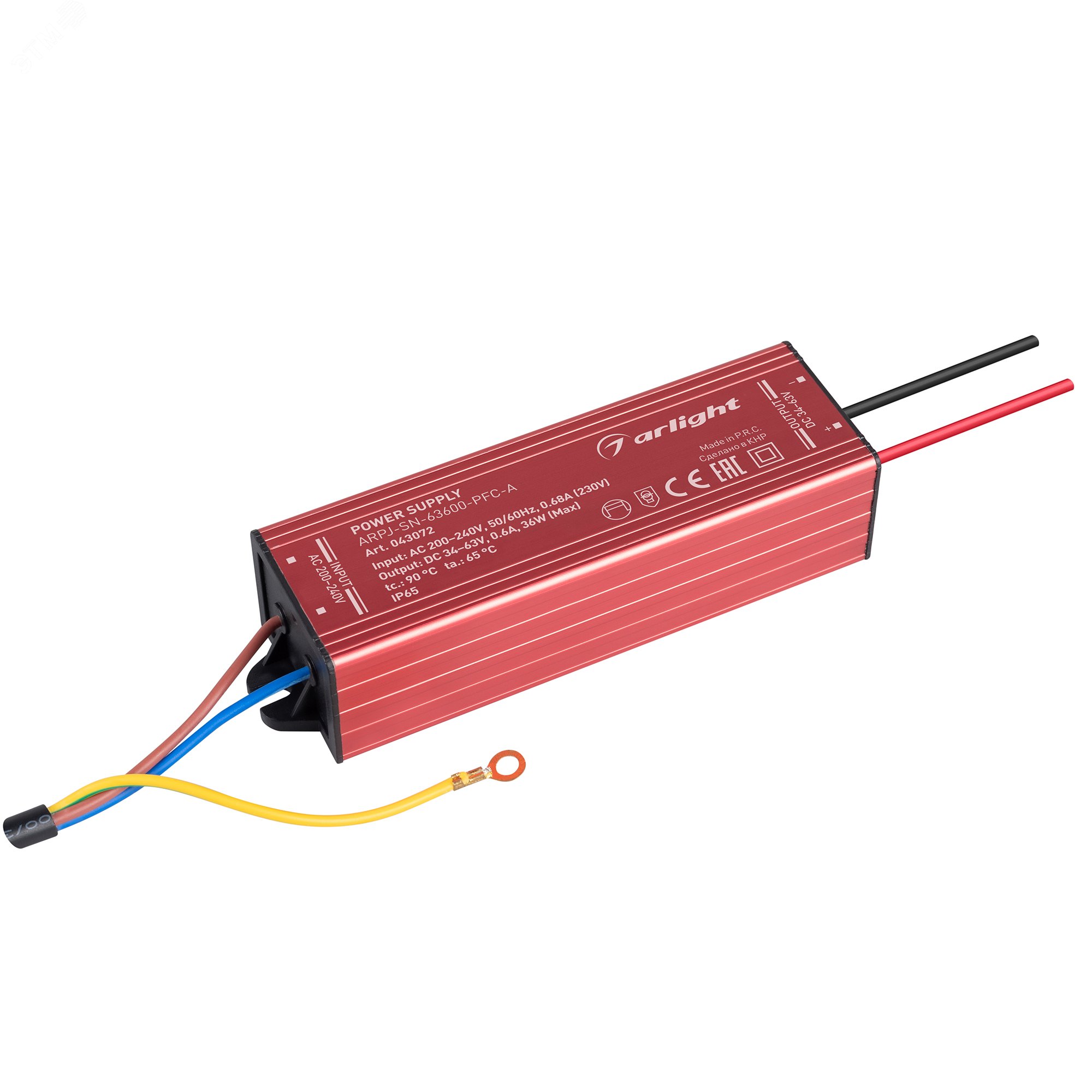 Изображение товара Блок питания ARPJ-SN-63600-PFC-A (36W, 34-63V, 600mA) (ARL, драйвер для светодиодов и светильников, IP65 металл, 3 года) (шт)