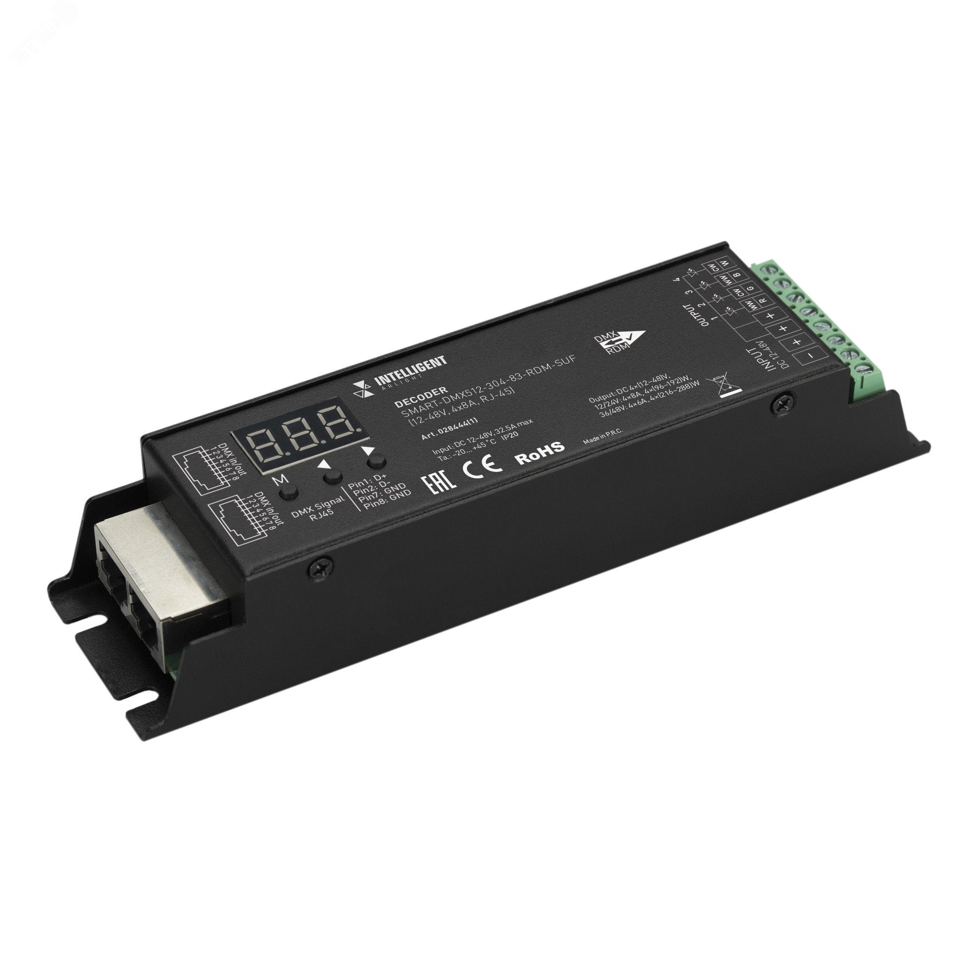 Изображение товара Декодер INTELLIGENT ARLIGHT SMART-DMX512-304-83-RDM-SUF Black (12-48V, 4x8A, RJ-45) (IARL, IP20 Металл, 5 лет) (шт)