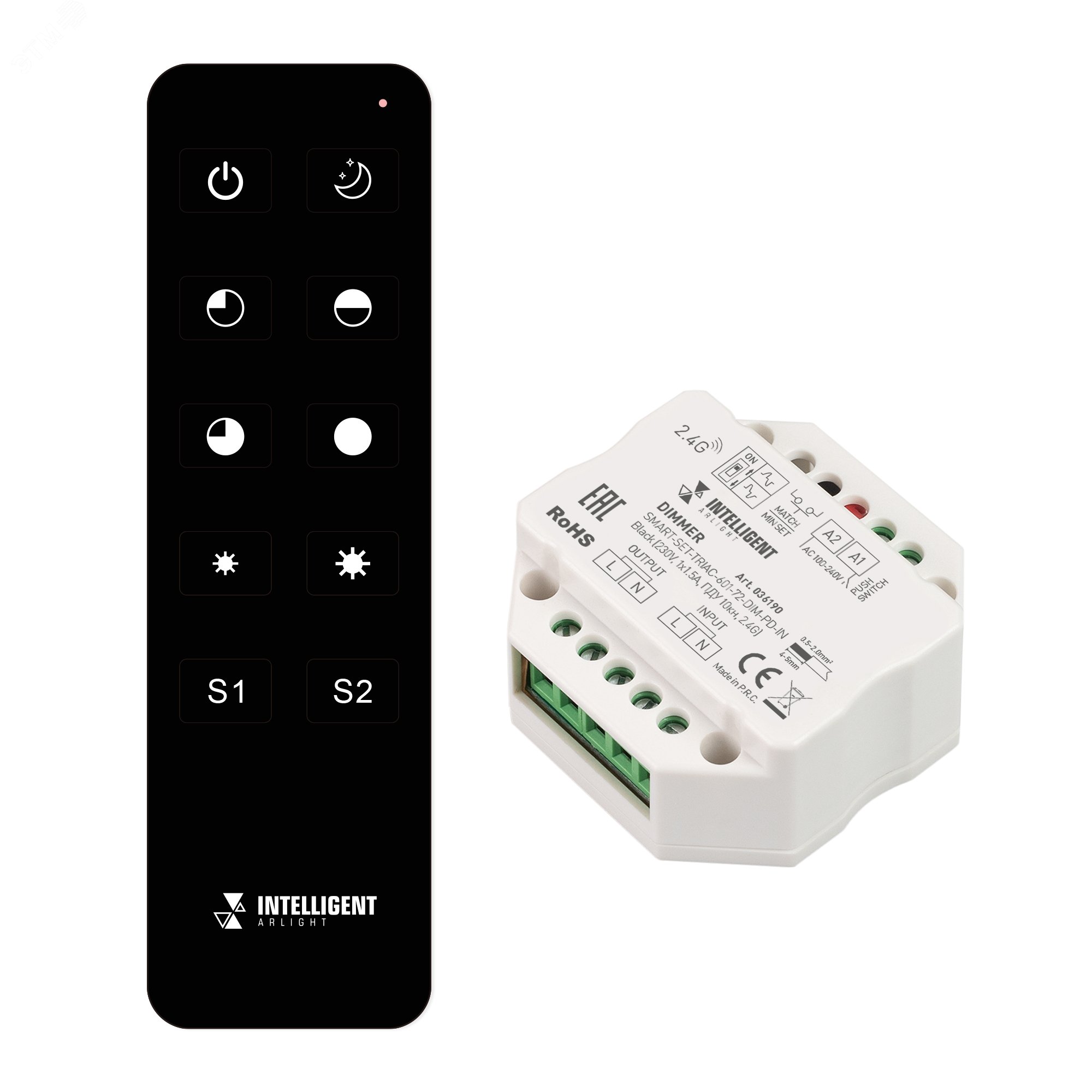 Изображение товара Диммер SMART-SET-TRIAC-601-72-DIM-PD-IN Black (230V, 1x1.5A, ПДУ 10кн, 2.4G) (IARL, IP20 Пластик, 5 лет) (шт)