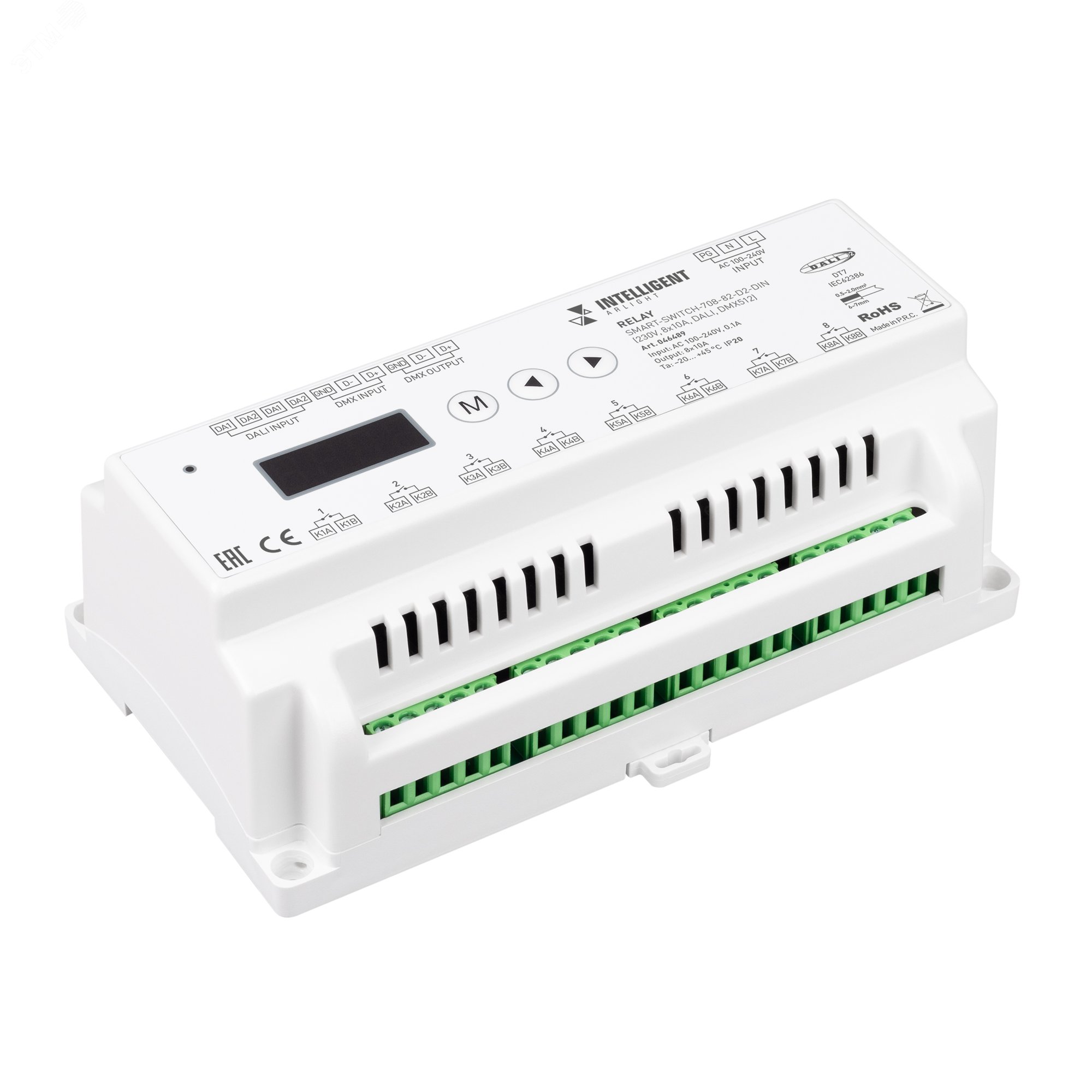 Изображение товара Модуль релейный INTELLIGENT ARLIGHT SMART-SWITCH-708-82-D2-DIN (230V, 8x10A, DALI, DMX512) (IARL, IP20, Пластик, 5 лет) (шт)