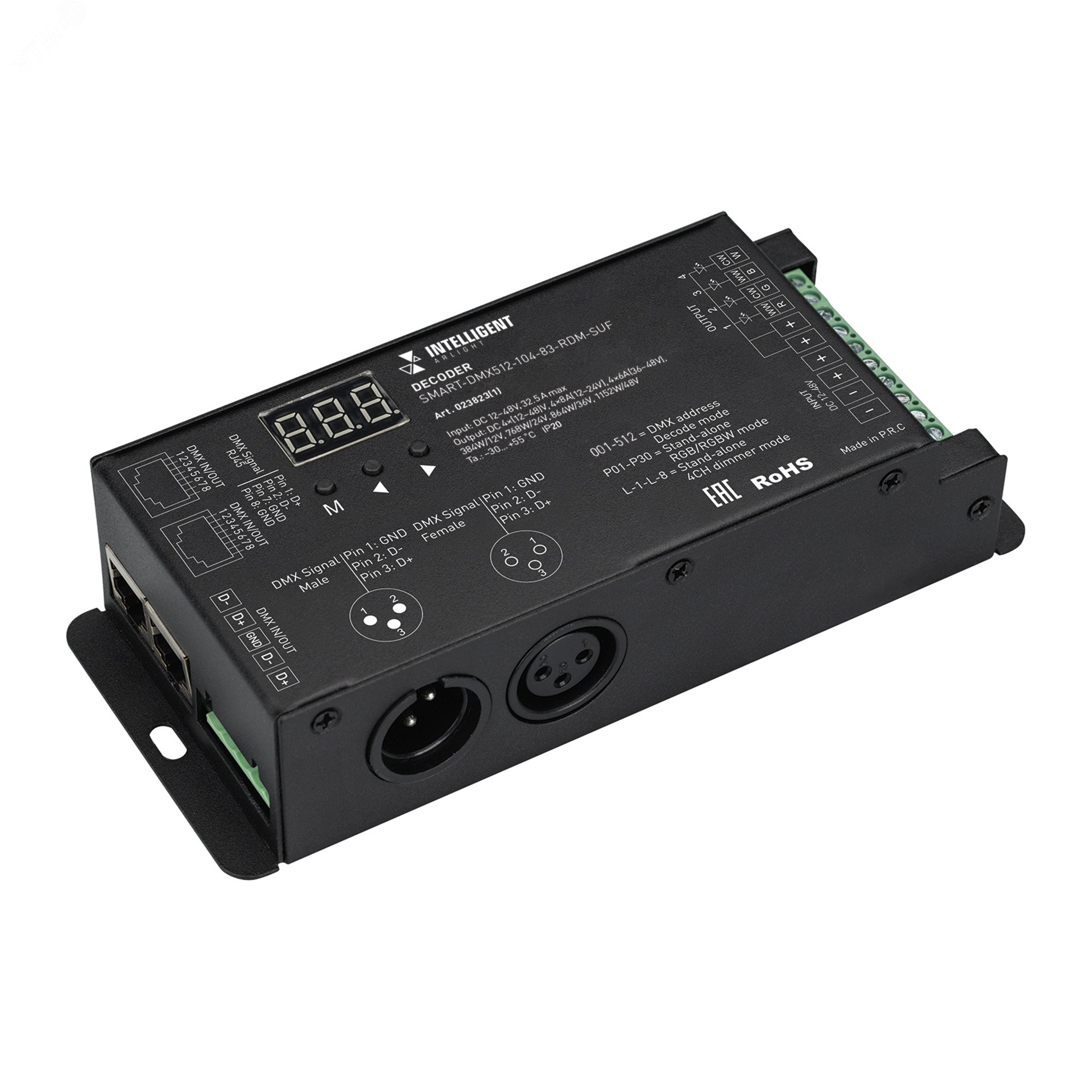 Изображение товара Декодер INTELLIGENT ARLIGHT SMART-DMX512-104-83-RDM-SUF (12-48V, 4x8A, XLR3/RJ45) (IARL, IP20 Металл, 5 лет) (шт)