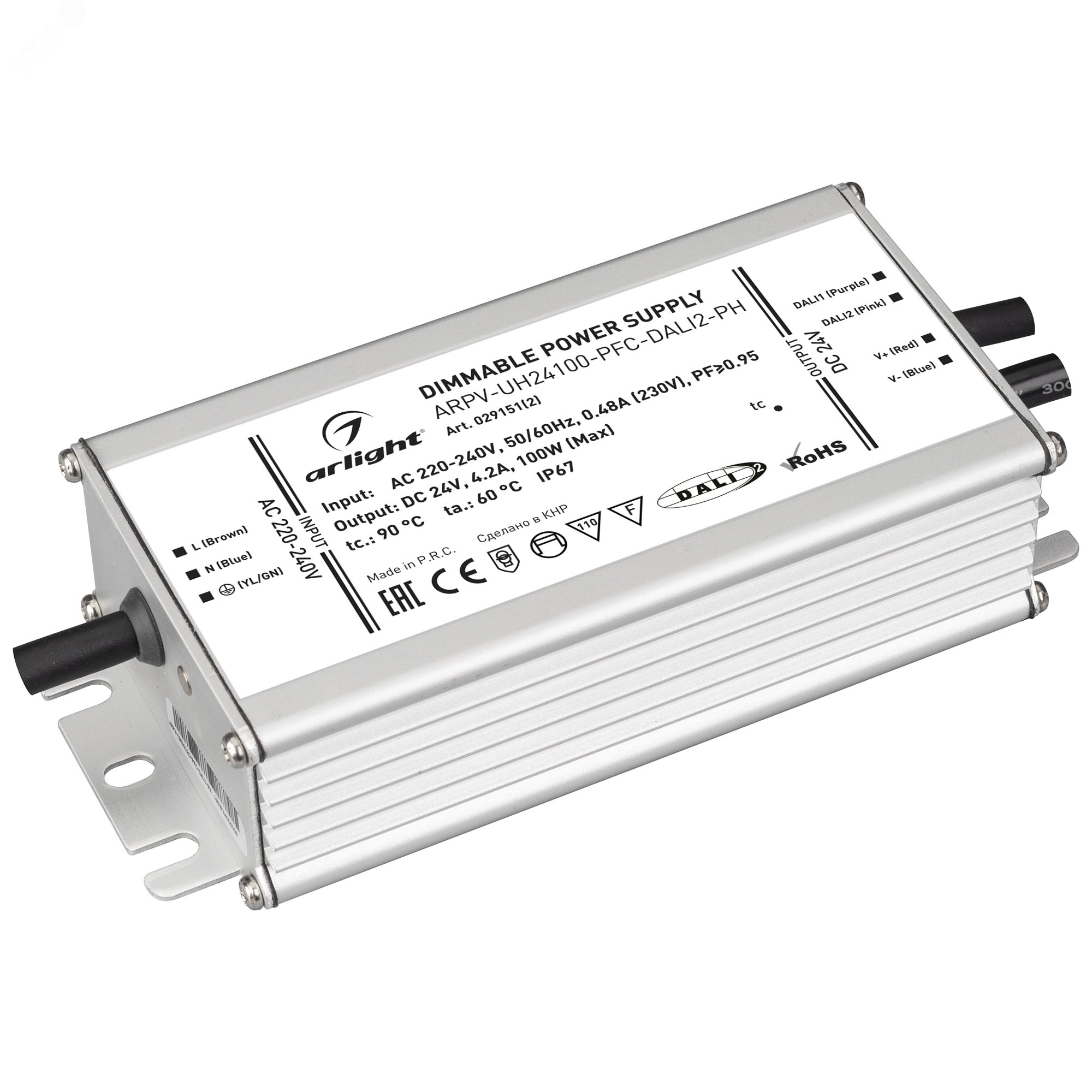 Изображение товара Блок питания ARPV-UH24100-PFC-DALI-PH (24V, 4.2A, 100W) (IP67 металл, 7 лет) (шт)