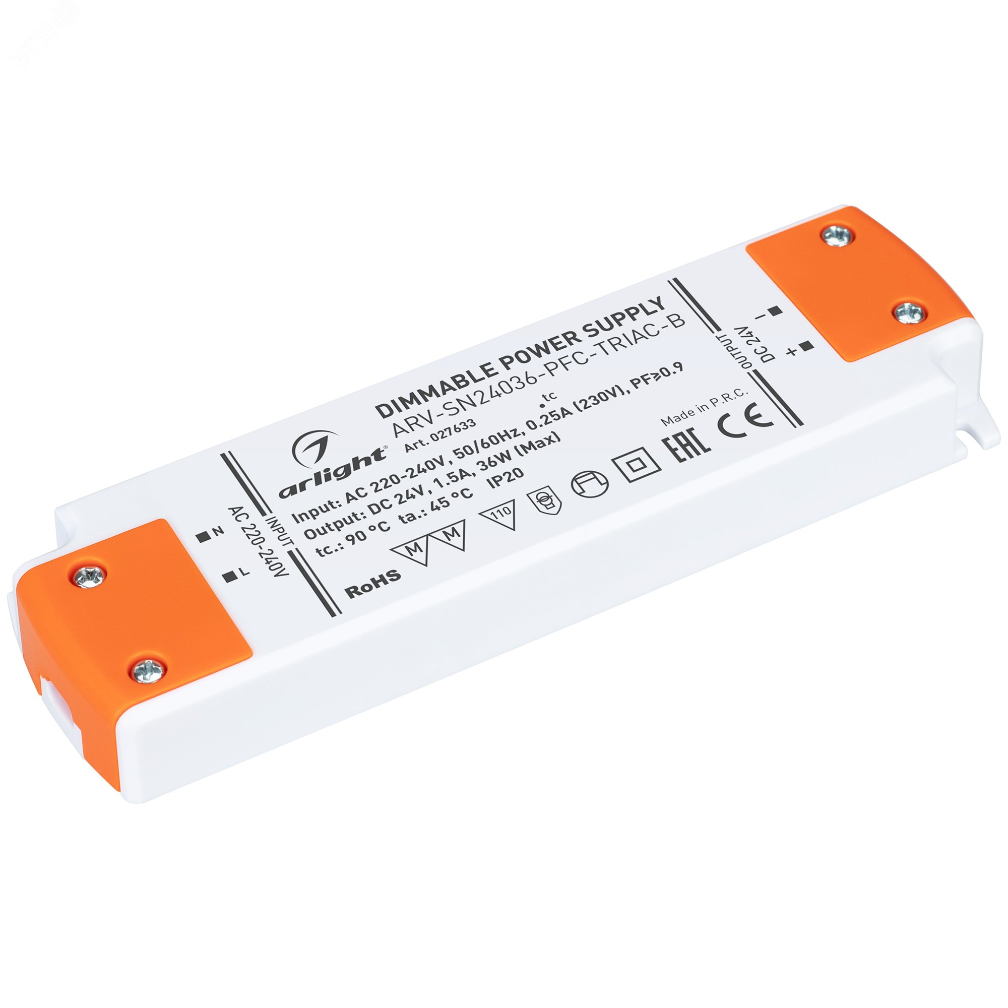 Изображение товара Блок питания ARV-SN24036-PFC-TRIAC-B (24V, 1.5A, 36W) (IP20 Пластик, 3 года) (шт)