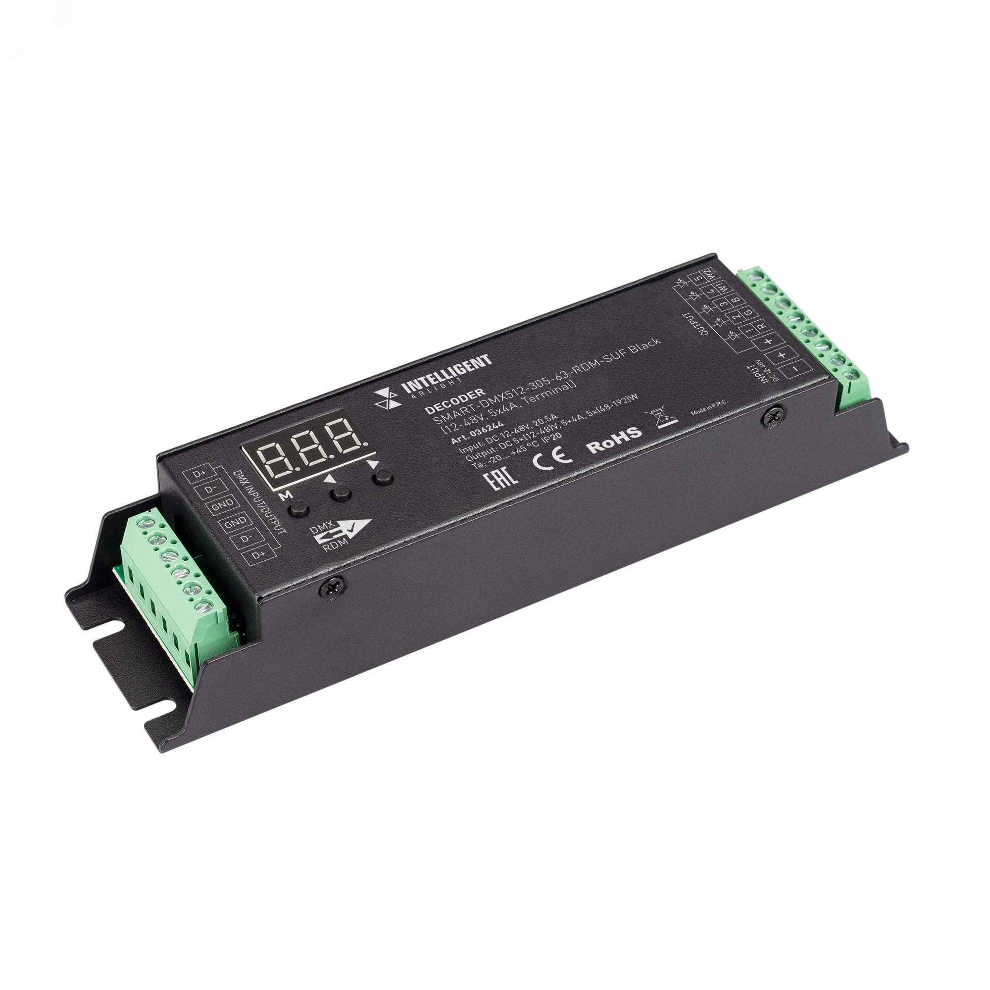 Изображение товара Декодер 12-48 V 5x 4A Terminal IARL IP20 металл 5 лет SMART-DMX512-305-63-RDM-SUF Black INTELLIGENT (шт)