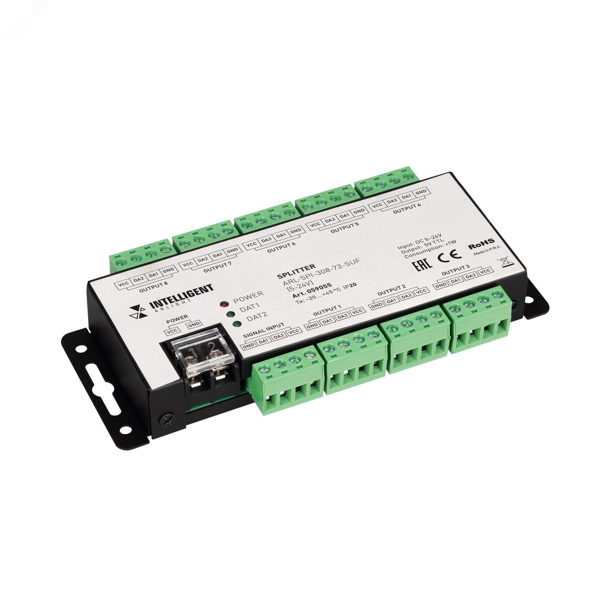 Изображение товара ARLIGHT ARL-SPI-308-73-SUF Усилитель SPI 8 выходов 5-24 В IP20 металл