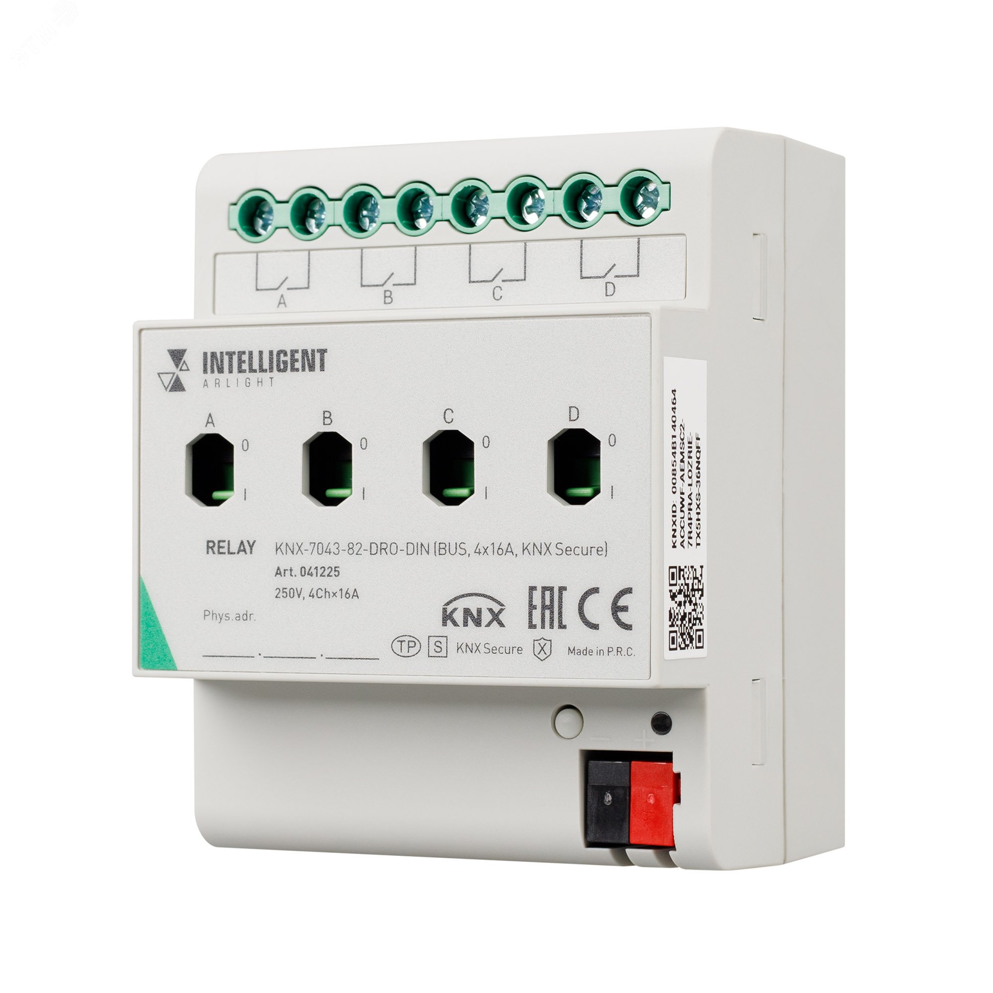 Изображение товара INTELLIGENT ARLIGHT Релейный модуль KNX-7043-82-DRO-DIN (BUS, 4x16А, KNX Secure) (IARL, IP20 Пластик, 2 года) (шт)