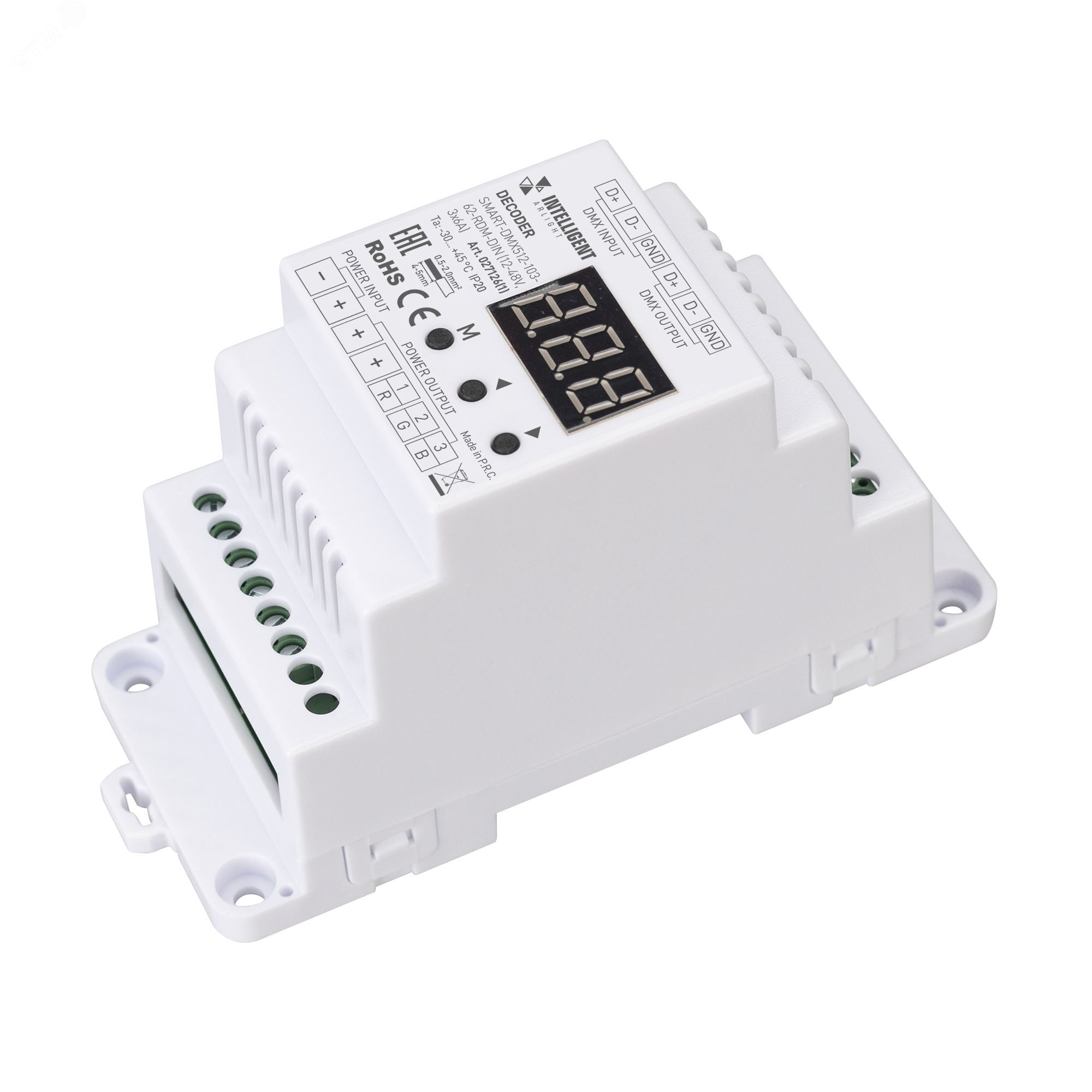 Изображение товара Декодер DMX512 Arlight SMART-DMX512-103-62-RDM-DIN 12-48V 3х6А с дисплеем