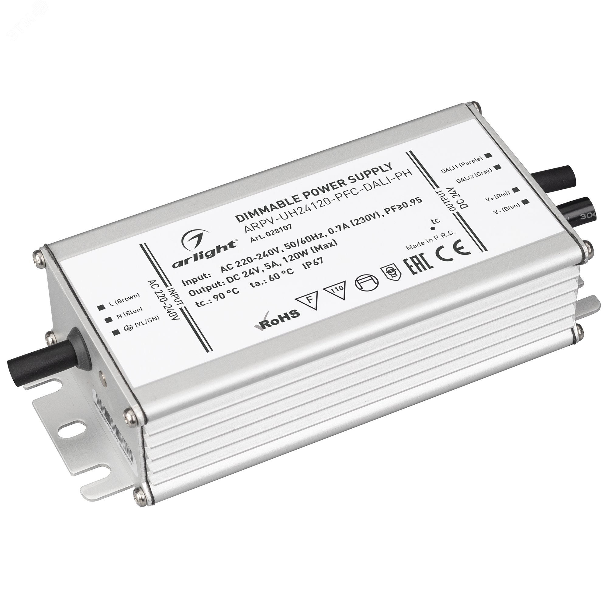 Изображение товара Блок питания ARPV-UH24120-PFC-DALI-PH (24V, 5.0A, 120W) (ARL, IP67 Металл, 7 лет) (шт)